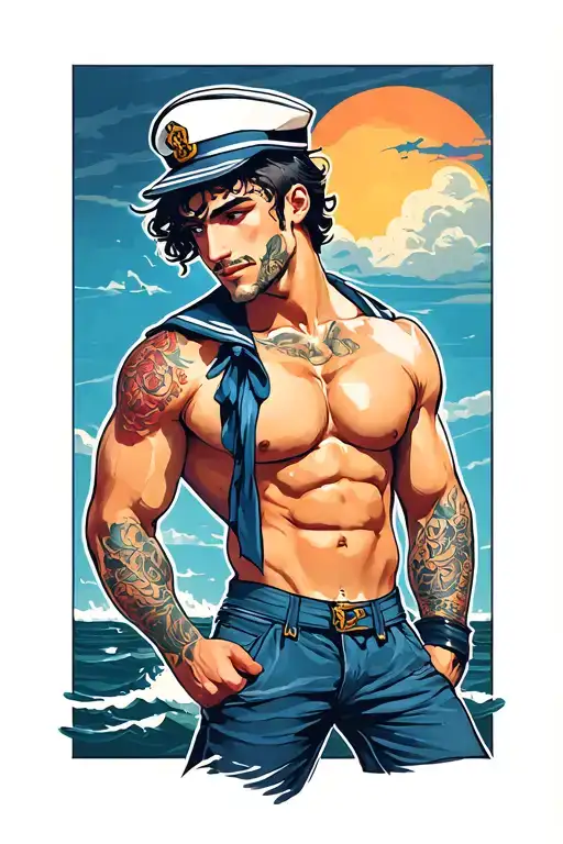 Sexy Pin Up Male Sailor With Abs And Bulge