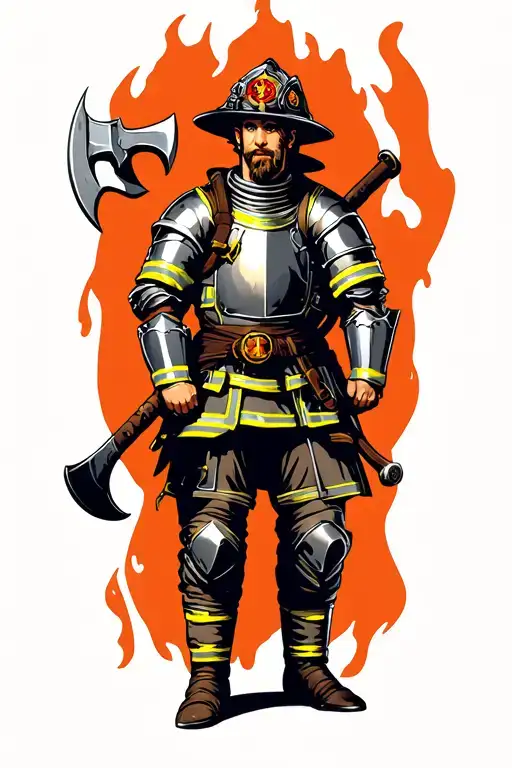 Firefighter In Medieval Armor Wielding An Axe