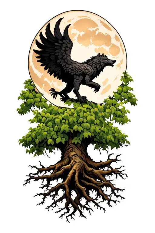 Willow Tree With A Griffin In The Roots And A Full Moon With Wolf Silhouette