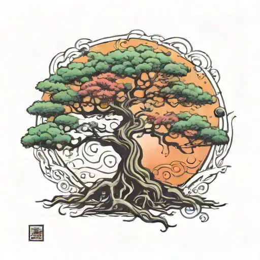 Bonzai Tree Mixed With Tree Of Life Intertwined Representing