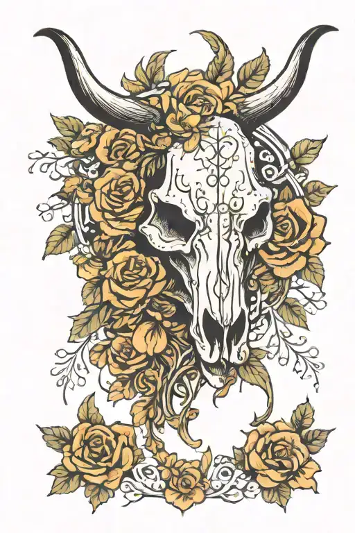 Bull Skull And Flowers Surrounding