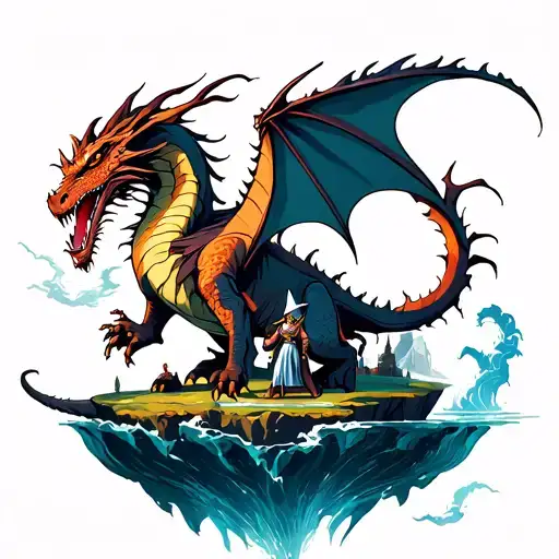 Fantasy World With A Dragon Fighting A Wizard With Floating Islands