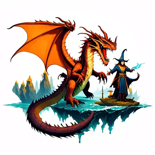 Fantasy World With A Dragon Fighting A Wizard With Floating Islands