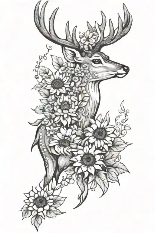 Deer With Sunflowers And Flowers