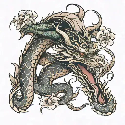 Neutral Looking Dragon Wrapping Around Lilly Flowers Together With A Snake