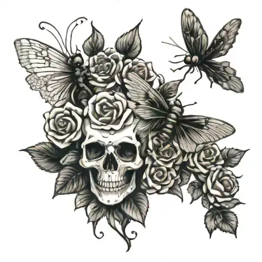 Skulls Stacked Roses Growing And Dragonfly In Flight