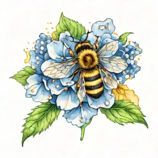 Hydrangea Watercolor Splotches With A Bee Looking And The Letter M