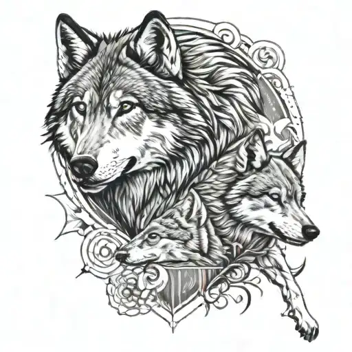 Wolf With Wolf Children Hyper Realism Tattoo Design