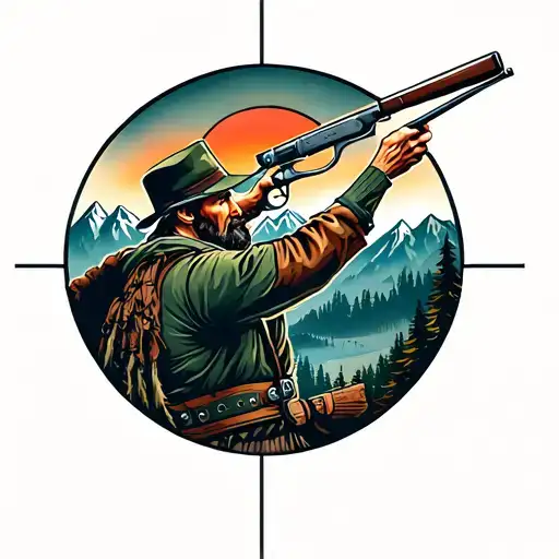 A Neotraditional Tattoo Of A Hunter Aiming At A Target With Mountains In The Background