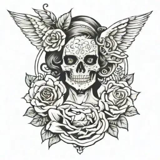 Half Woman Half Skull With Roses And Money