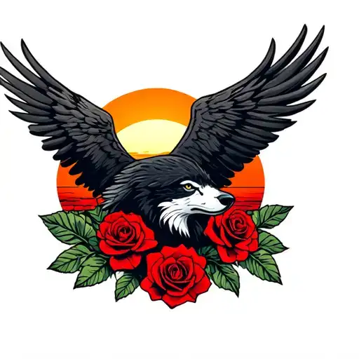 Red Roses Harley Davidson Eagle Wolf Mountains Sun Set