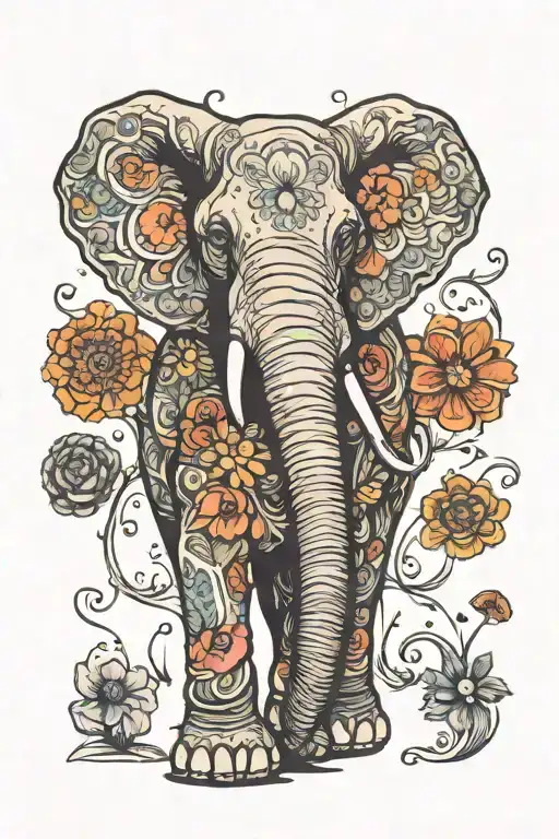 Psychedelic Elephant Made Of Flowers With A Magic Mushroom In The Trunk