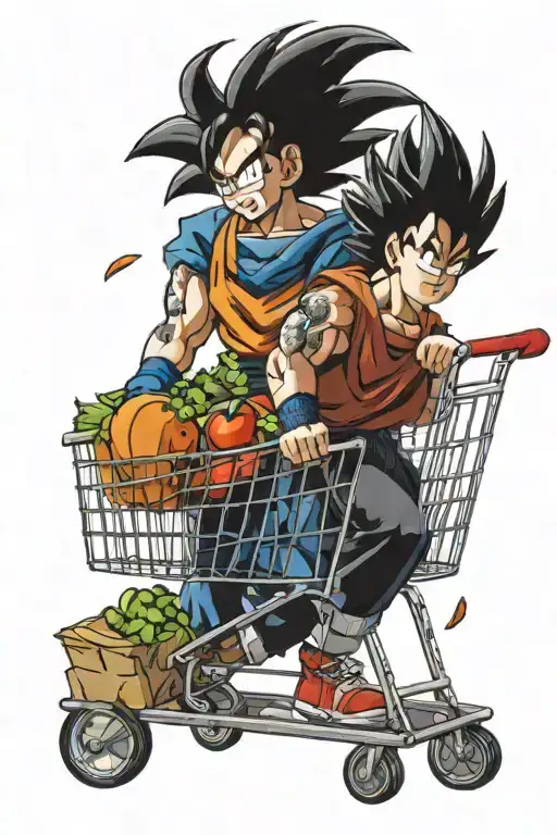 Goku Pushing Vegeta In A Shopping Cart Filled With Food
