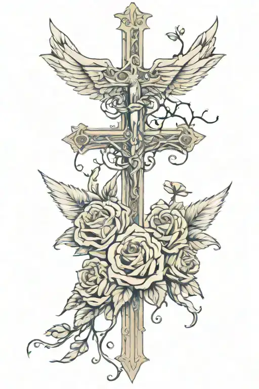 The Cross Of Jesus Christ And The Angel Of Death With Roses And Thorns