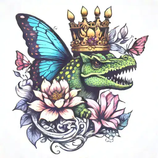 Crown With Cute Dinosaur And Butterfly And Lotusflower