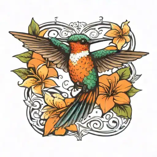 Colorful Hummingbird Hovering Orange Plumerias