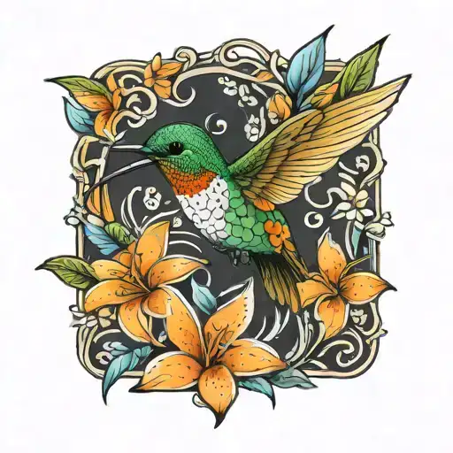 Colorful Hummingbird Hovering Orange Plumerias