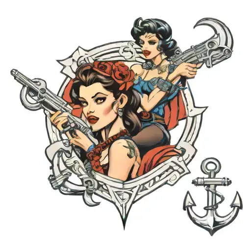 Western Pinup Girl With Pistols On An Anchor