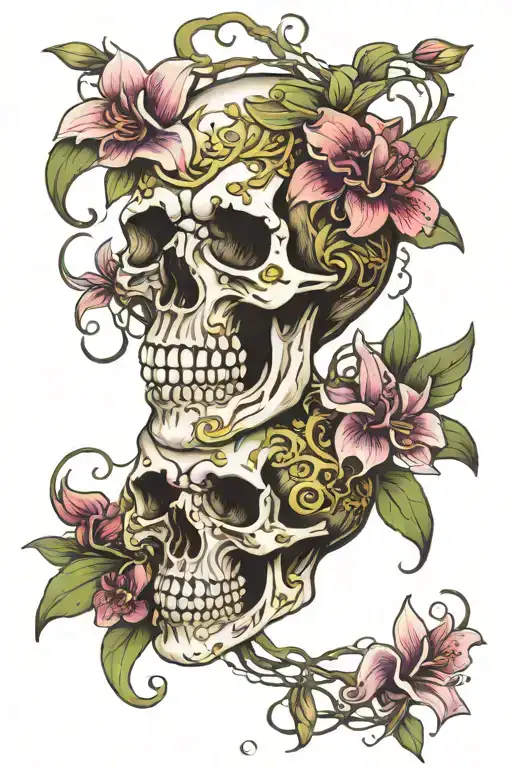 Orchids And Lilies Wrapped Around A Skull Entangled In Vines