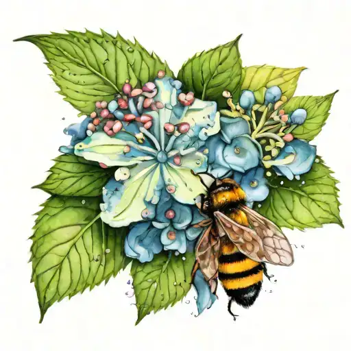 Hydrangea Watercolor Splotches With A Small Bee Looking And An M