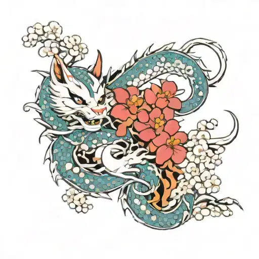 Japanese Dragon And Sakura And Kitsune Neko