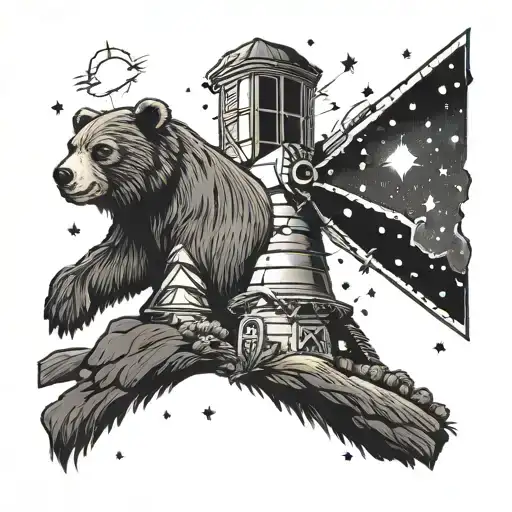 Bear And A Windmill Under Stars