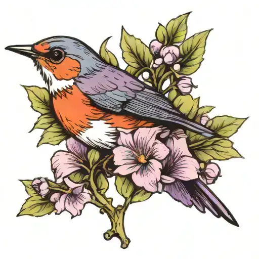 Violet Flower With Robin Bird