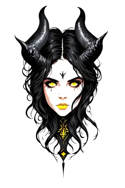 Lilith Portrait With Black Horns And Yellow Eyes