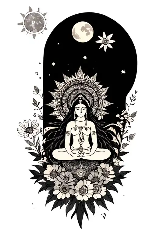 Mandala With Goddess In The Center As A Balance For Wildflowers And The Gemini Moon