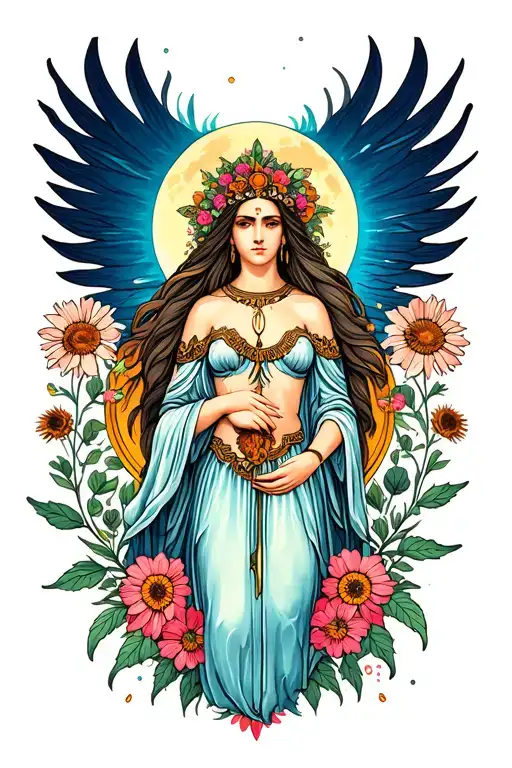 Goddess In The Center As A Balance For Wildflowers And The Gemini Moon