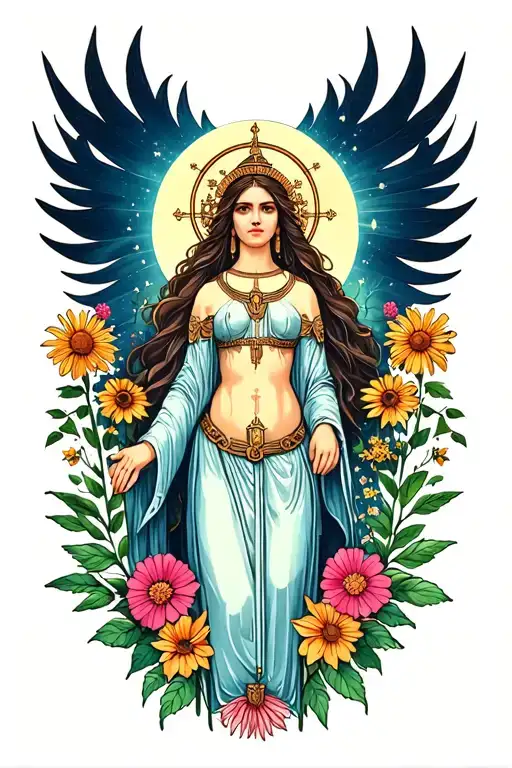 Goddess In The Center As A Balance For Wildflowers And The Gemini Moon
