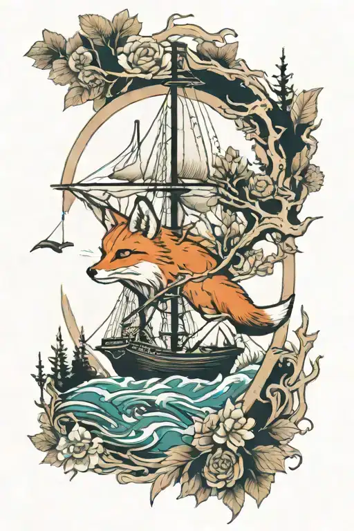 Mayflow Ship In Cove With Fox Portrait Above It Separated By A Forest Silloutte