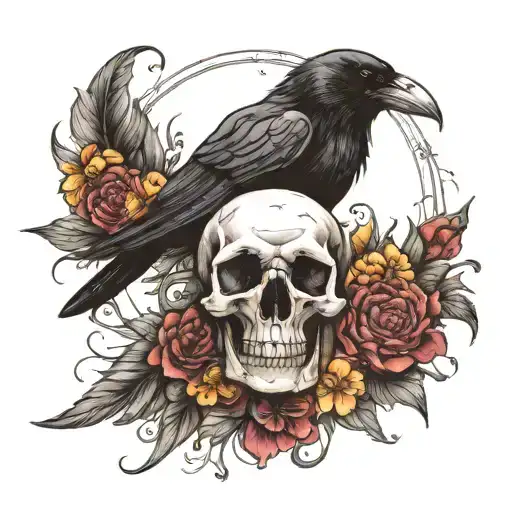 The Skull Of A Raven Surrounded By Wild Flowers