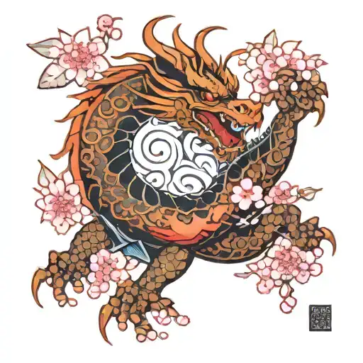 Stylized Dragon Surrounded By Cherry Blossoms Traditional Japanese Art