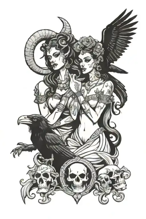 Capricorn Goddesses With Raven Perched And Laughing With Skulls