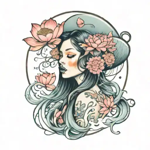 Jellyfish Woman Surrounded By Lotus Flowers