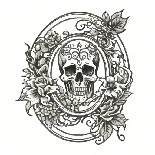 Oval Frame With Vines And Flowers With Two Skull Hands In The Middle
