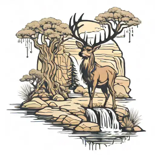 Deer And Waterfall In A Desert Enviroment Walking