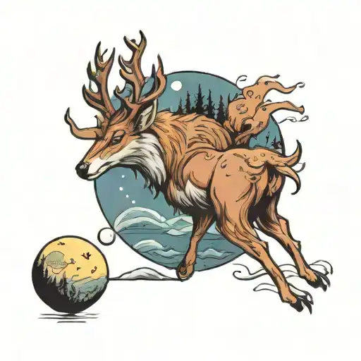 Deer Bowling At The Moon Meanwhile A Wolf Is Watching
