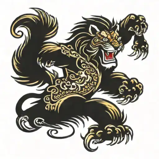Chinese Dancing Lion With Claws Reaching Forwards