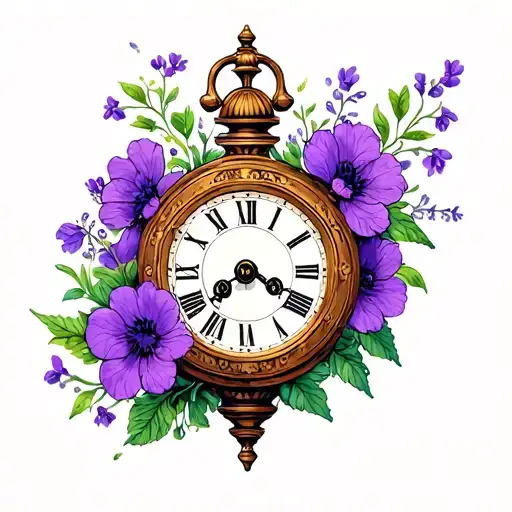 Purple Flowers Wrapped Around Old Clock