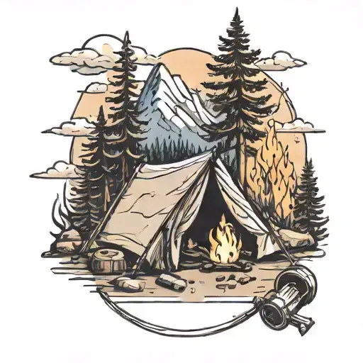Camp Site With Mountains And Camp Fire