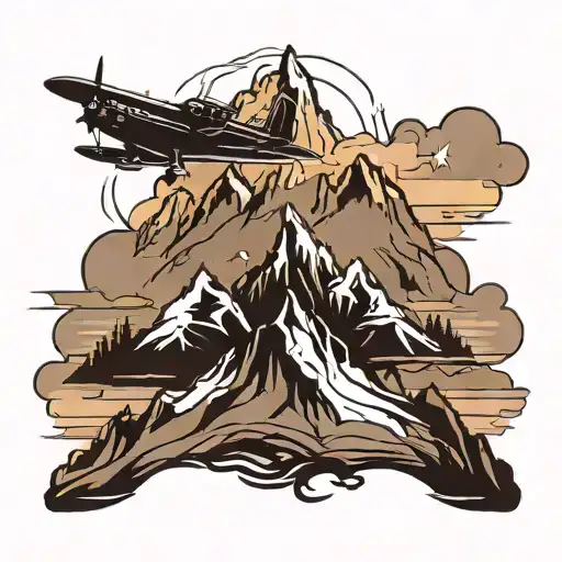 Mountain Range Silhouette With A Small Plane Silhouette Flying Above It