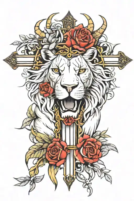 Half Lion Half Lamb Face Crown Of Thorns And Gold Cross Down The Midddle