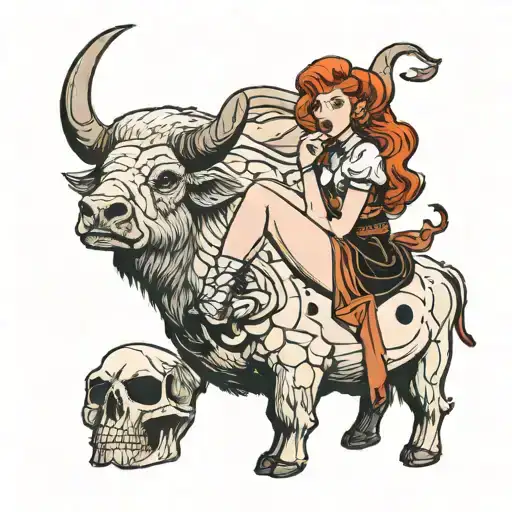 Redhead Pin Up Girl Sitting On Bison Skull