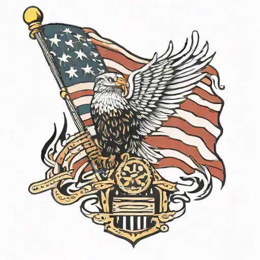 Forearm Tattoo Of A American Flag With The Stripes As Flames And A Bald Eagle With A Dog Tag