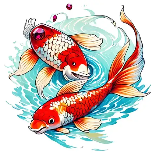 Koi Fish Swimming Around A Ruby Stone