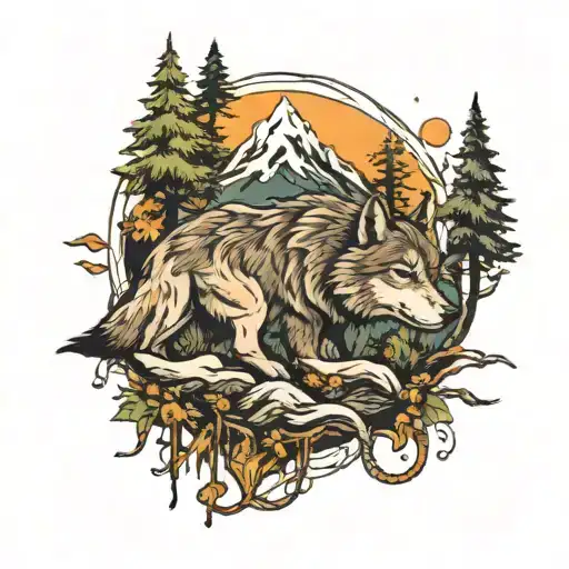 Mountains And Wolf In The Forest