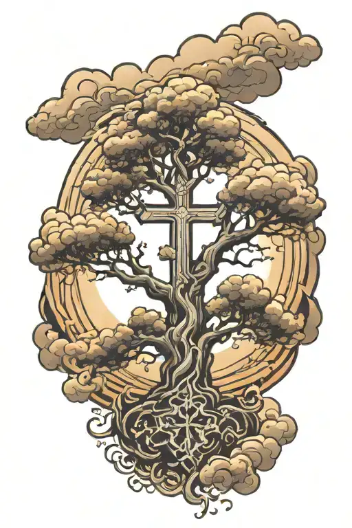 Religious Tree With Clouds And Cross