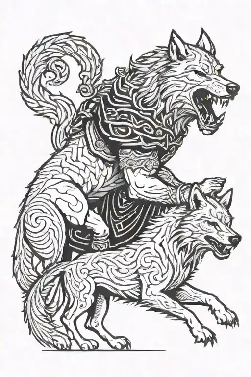 Norse God Tyr And Fenrir Wolf